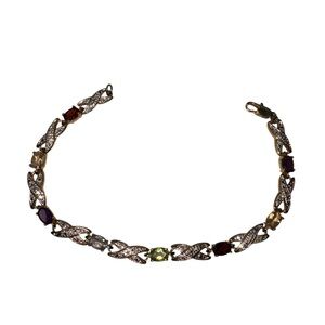 Vintage Bronze Gold Tone Multi Gemstone Tennis Bracelet with X Link Design Retro